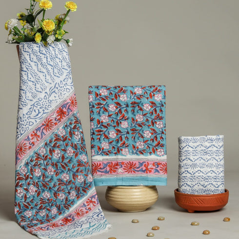 Designer Hand Block Print Cotton Suit Set with Mulmul Dupatta (PRMUL57)